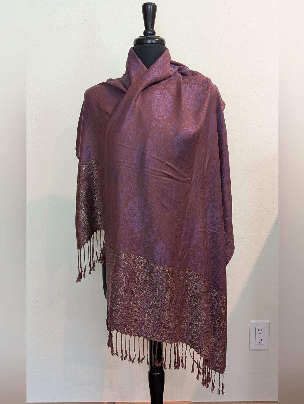 Silk Purple Jacquard Paisley Pattern Fringed 68" Scarf Wrap Shawl